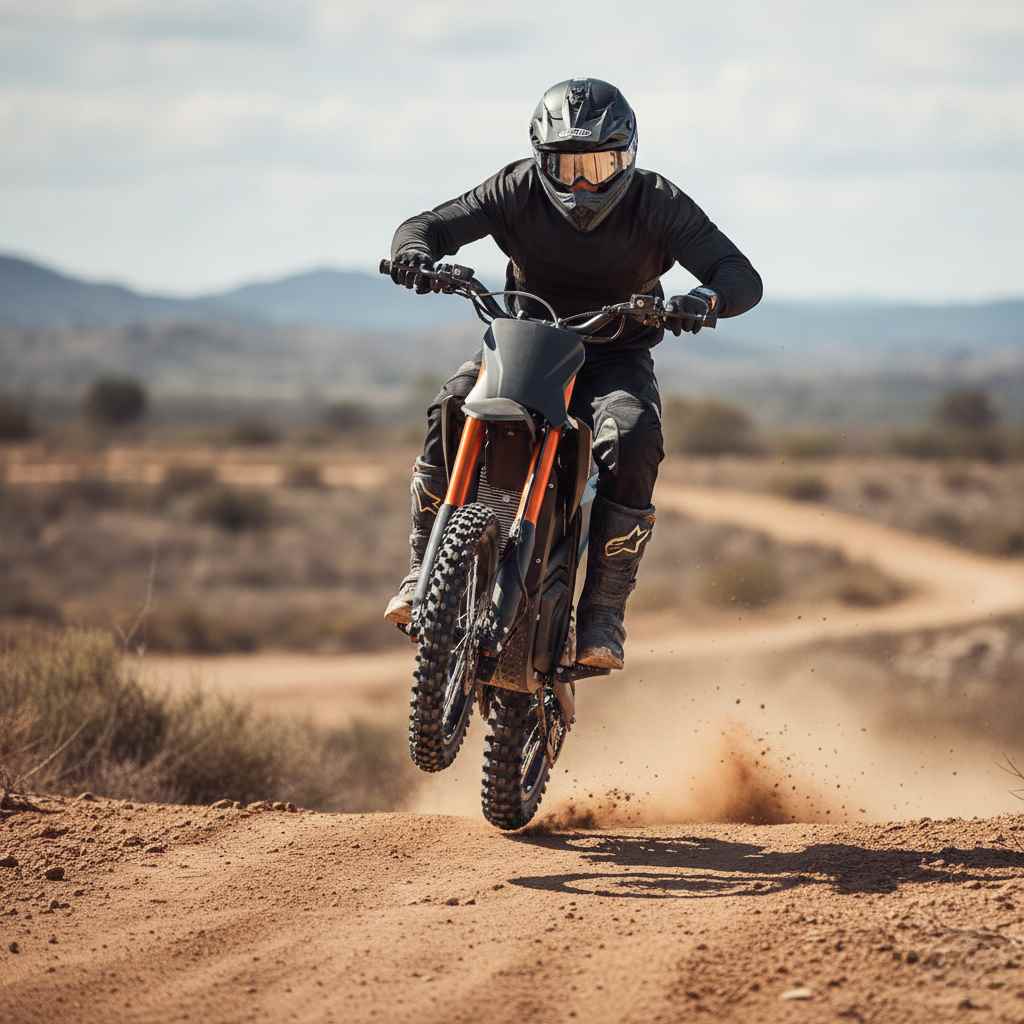 Off road rider performing a wheel lift on a black electric dirt bike on a dirt track