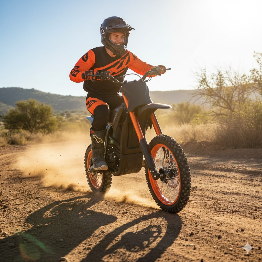 A man in orange and black gear rides an electric dirt bike on a dusty desert trail, creating a dust cloud.