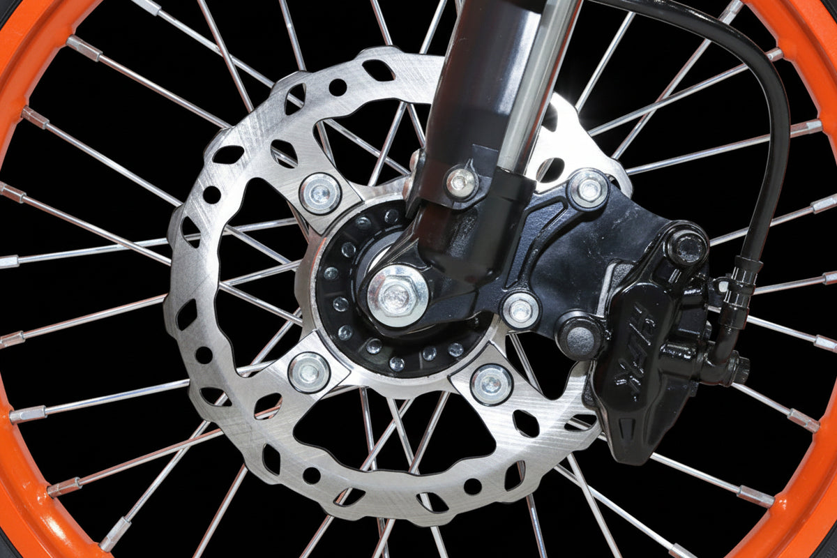 Hydraulic braking sized for the bike's extra speed and weight