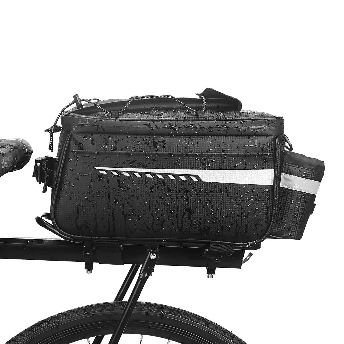Black PU rack bag with reflective stripe and water-resistant top on bicycle rear rack