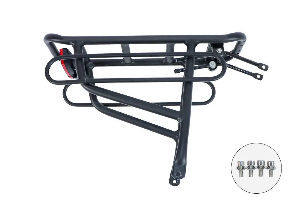 Black aluminum alloy e-bike rear rack with mounting hardware