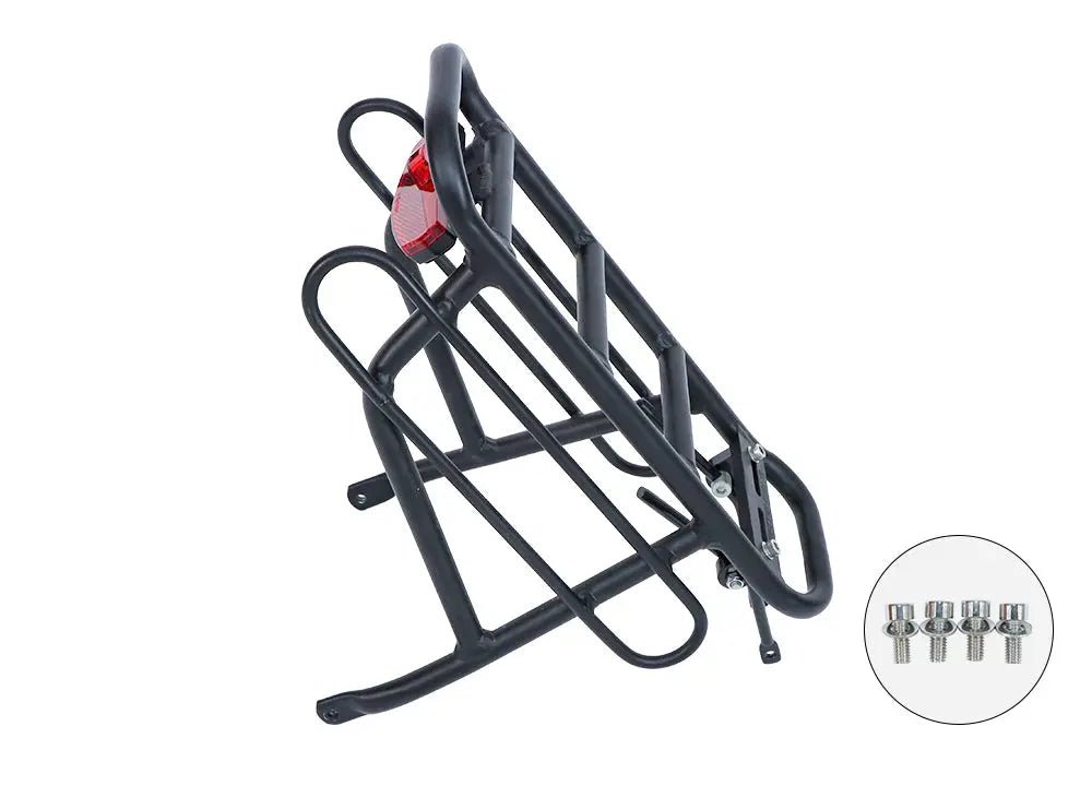 Black aluminum alloy e-bike rear rack with taillight mount and mounting bolts