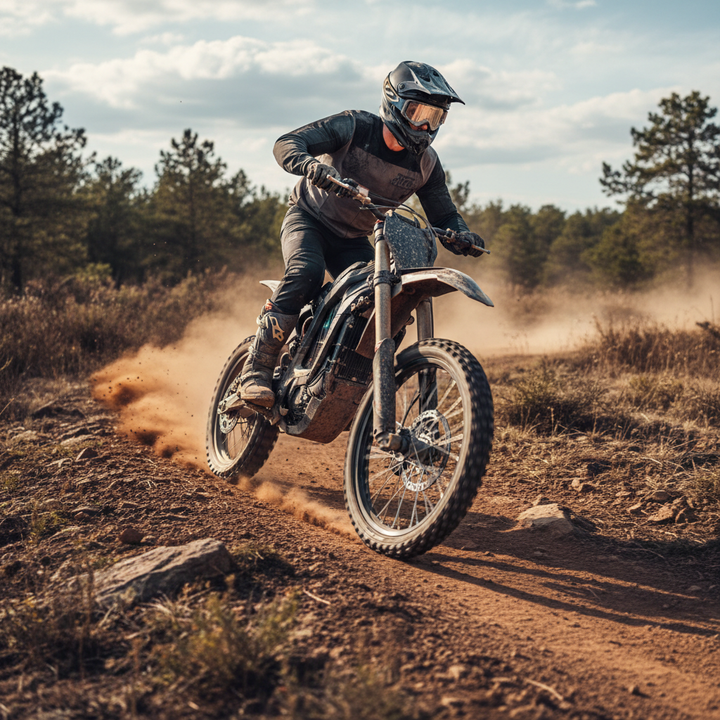 An adult rider on a high-power electric dirt bike racing along a rugged trail with dust and motion.