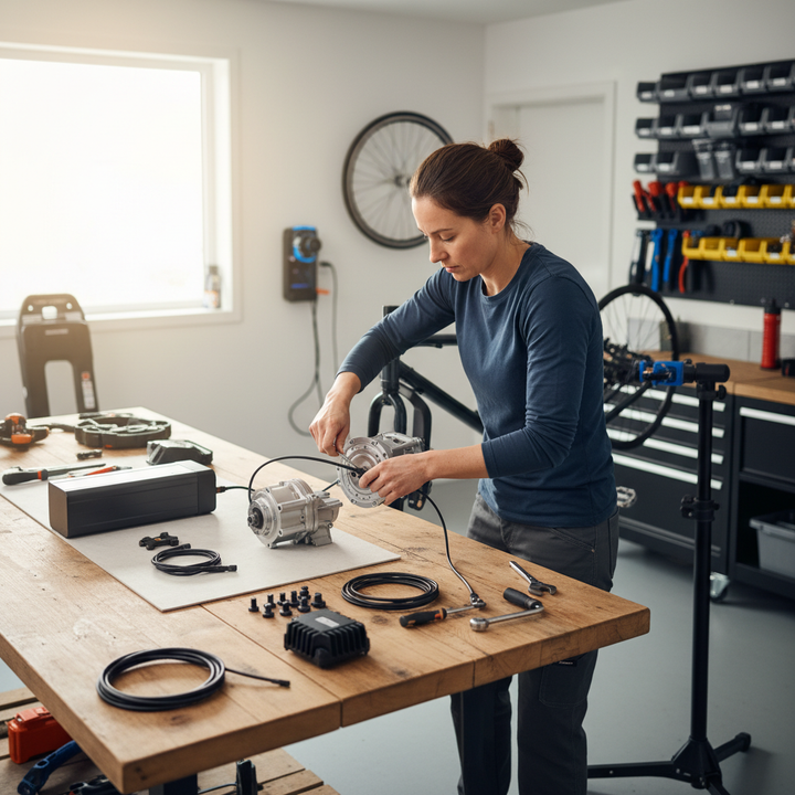 A person in a home garage working on an e-bike with modular parts laid out on a workbench, with tools, controller, and battery pack visible.
