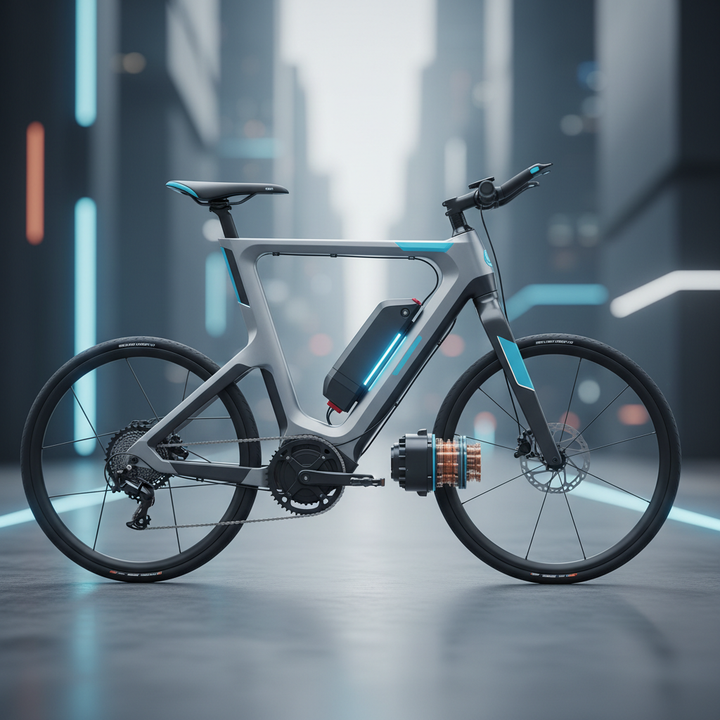 A futuristic modular e-bike with visible swappable battery and motor components in a clean urban tech setting.