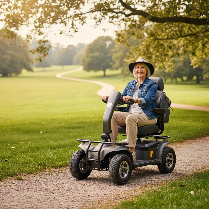 An active senior smiling while riding a rugged four-wheel mobility scooter along a grassy park trail with light gravel.