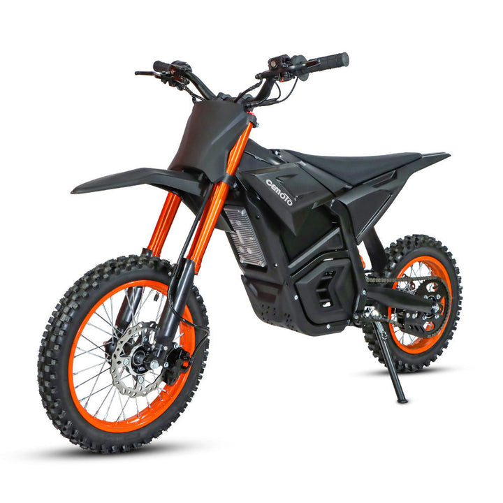 CEMOTO D03 | 3000W Off-Road Electric Dirt Bike for Teens & Adults - Off-road electric dirt bike with black body, orange suspension, and knobby tires
