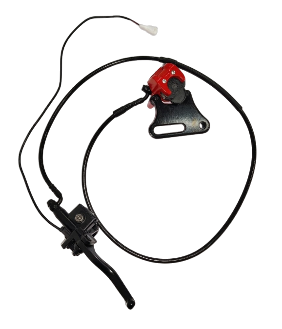 Editorial cover showing a complete hydraulic disc brake system for an article about inspecting and replacing e-bike brake pads.