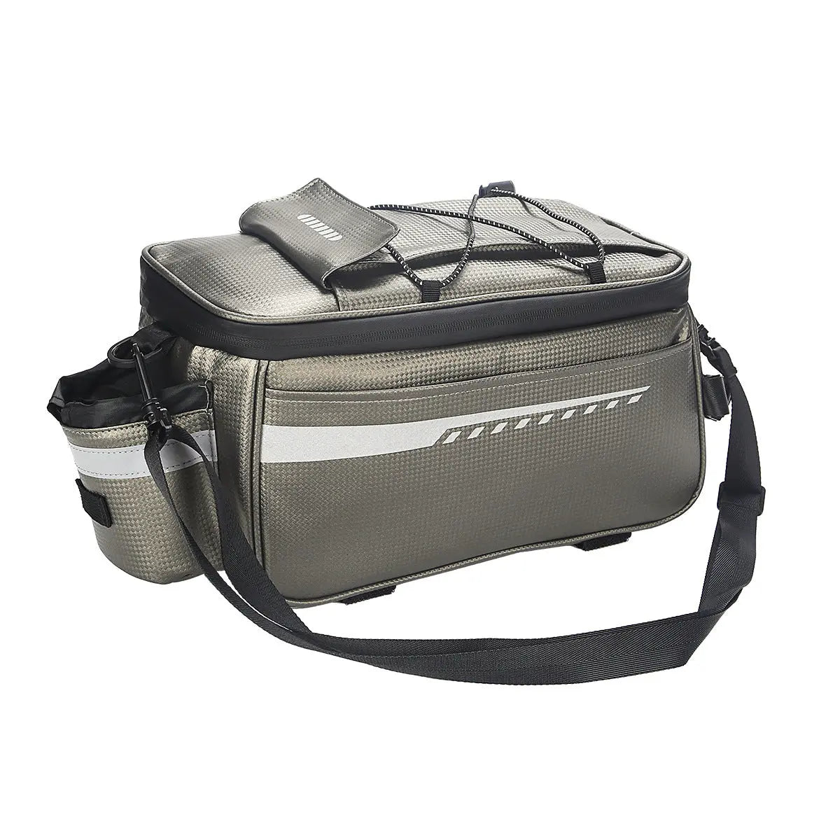 A commuter e-bike with a mounted rear rack bag illustrates how carrying needs can affect a first accessory purchase.