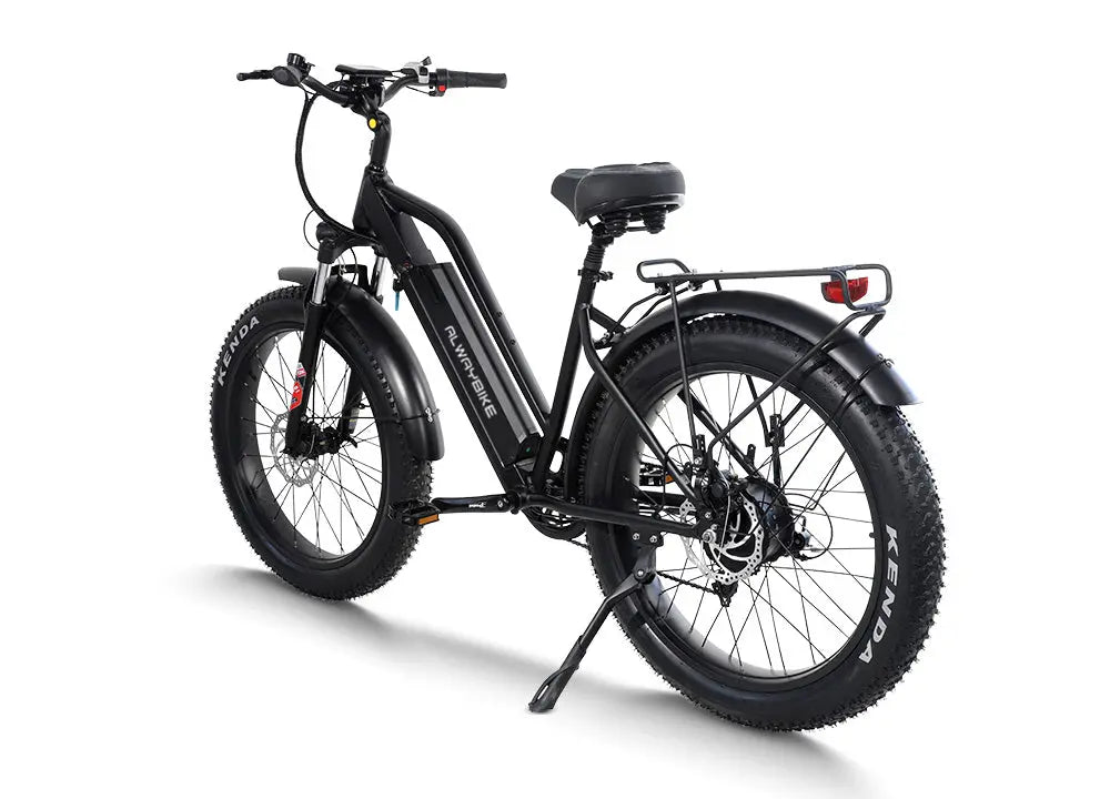 CEMOTO EBIKE AEB31A | City Commuter e-bikes - Black fat tire electric bike with rear rack, fenders, and step-through frame