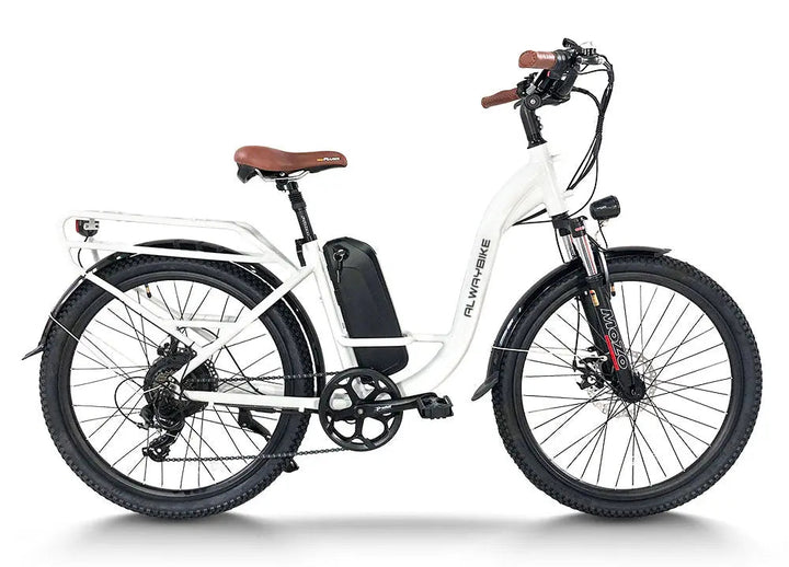 Cemoto EB40 | Electric City Commuter Bike - White electric city commuter bike with rear rack, battery, and disc brakes