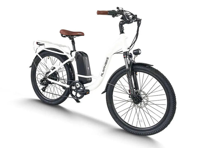 Cemoto EB40 step-through electric bike on plain white background, equipped with fat tires, rear cargo rack, side-mounted lithium battery, brown leather seat and front headlight for daily urban travel