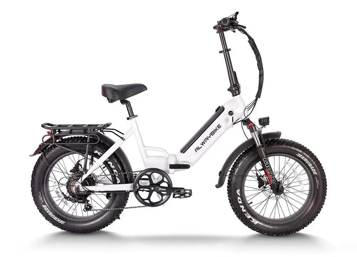 Low Step Through Fat Tire Foldable Ebike | CEMOTO B57A 750W - Low step-through foldable fat tire ebike, white frame, black saddle and rear rack