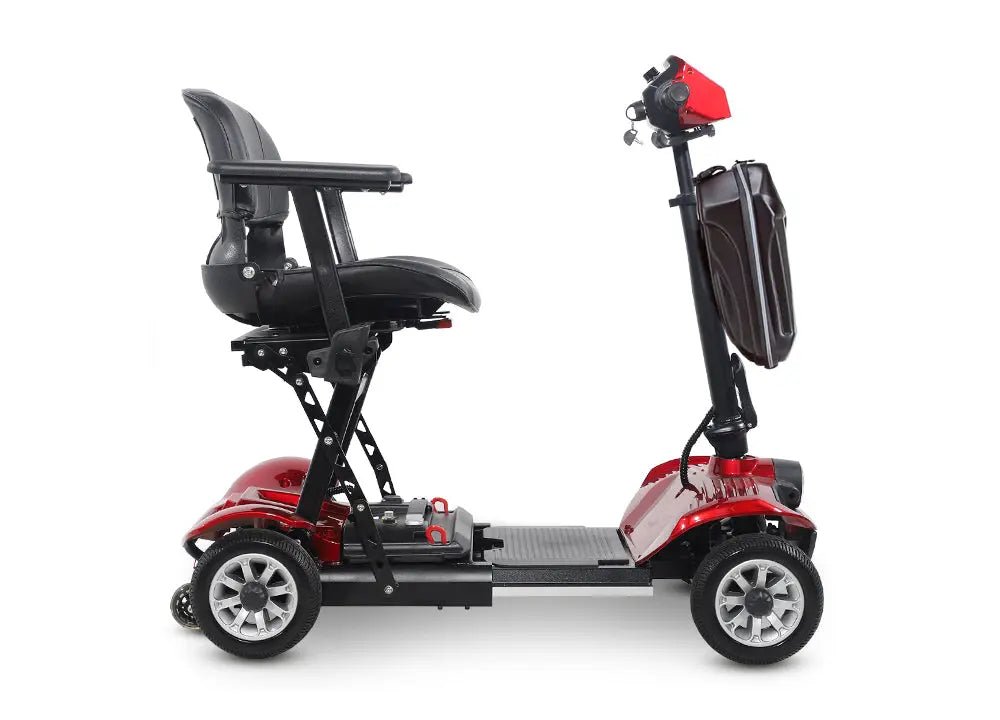 CEMOTO Light-Weight Folding 4-Wheel Electric Mobility Scooter EM10 - Lightweight folding 4-wheel electric mobility scooter with red alloy frame and black seat