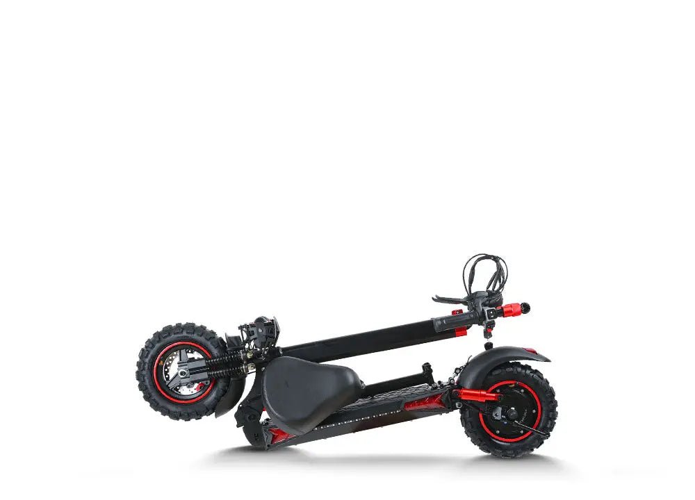 A wide garage storage scene showing an electric scooter parked in a clear, dry area between rides.