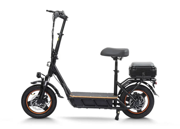 A foldable electric scooter is shown in a transit-station setting as a practical last-mile commuting option.