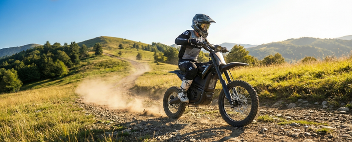 A rider wearing a helmet and goggles navigating a rocky mountain trail on a black and orange OGMOTO electric dirt bike, showcasing the off-road capabilities needed for OHV areas.