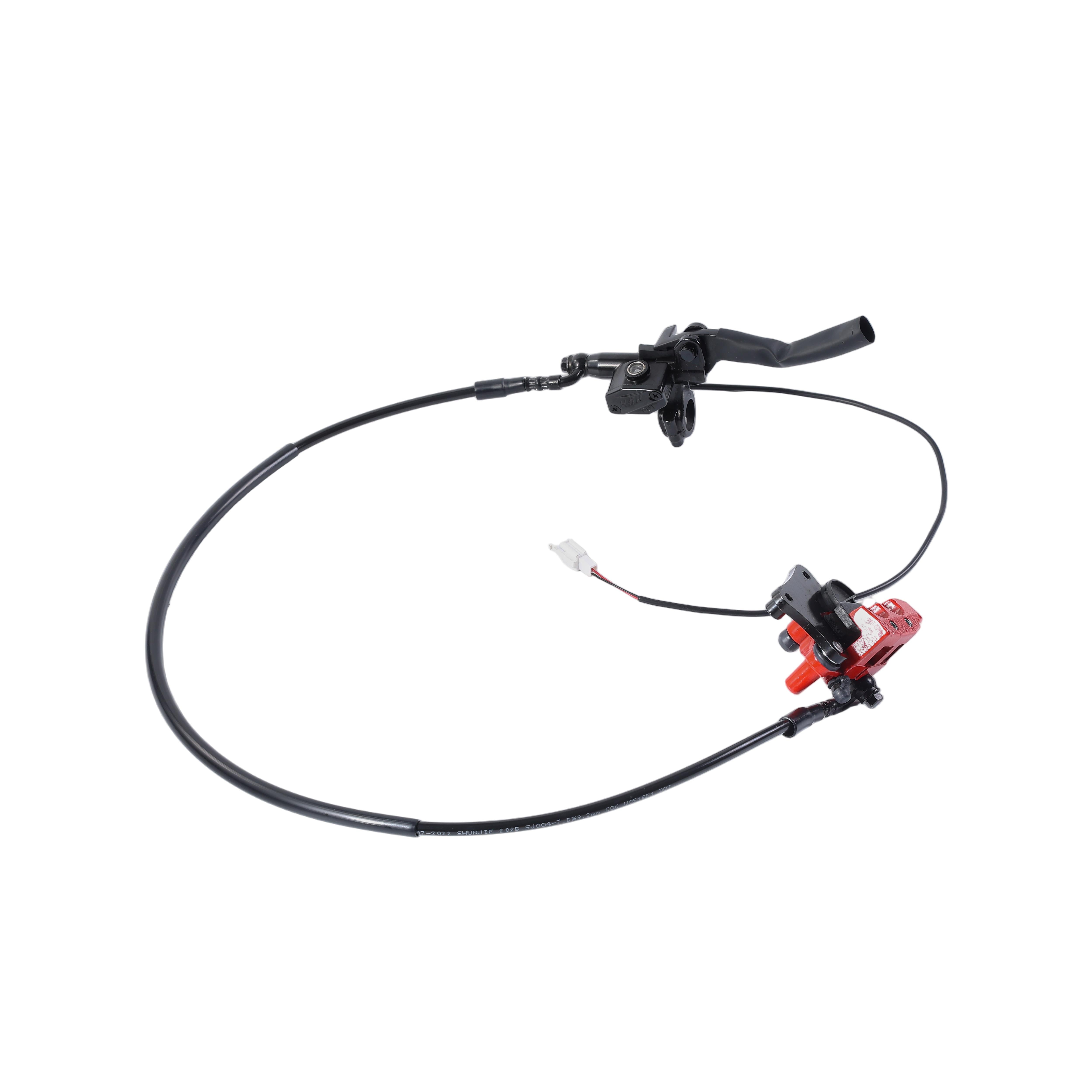 D Series hydraulic disc brake system with black lever, hose, and red caliper