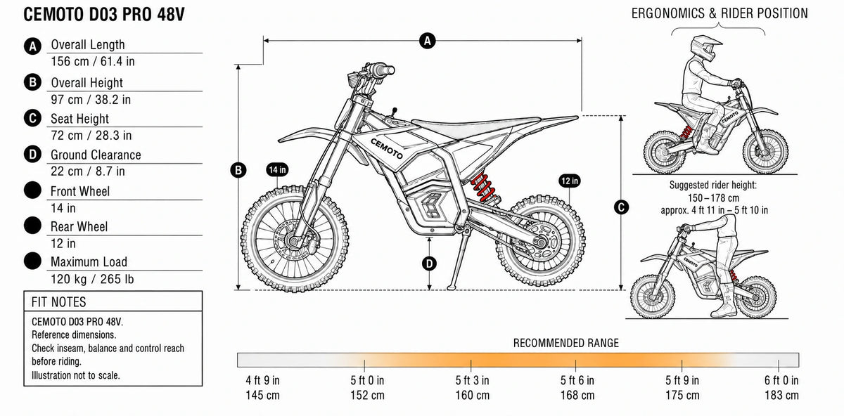 Black CEMOTO D03 Pro size guide showing approximately 61.4-inch length, 38.2-inch height, 28.3-inch seat height, 14-inch front and 12-inch rear wheels, and suggested rider fit