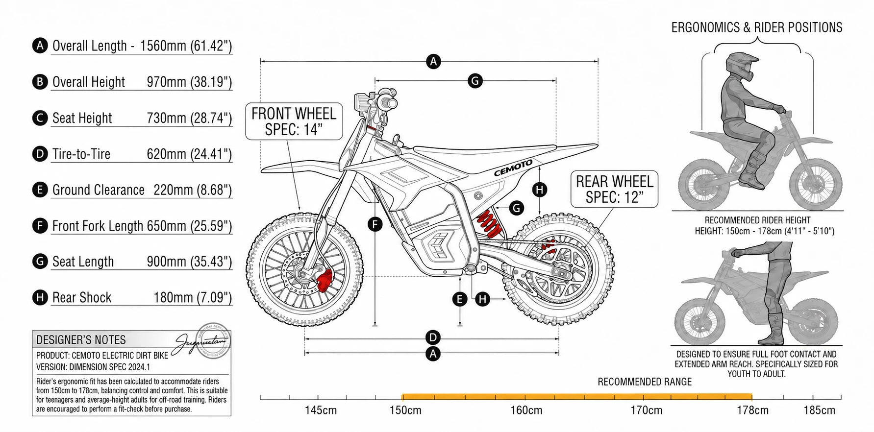 CEMOTO D02 Classic dimensions, wheel sizes and rider-position guide for 150 to 178 cm riders