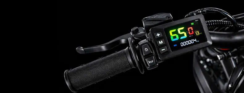 Close-up of the CEMOTO D03 full-color digital ride display and handlebar controls