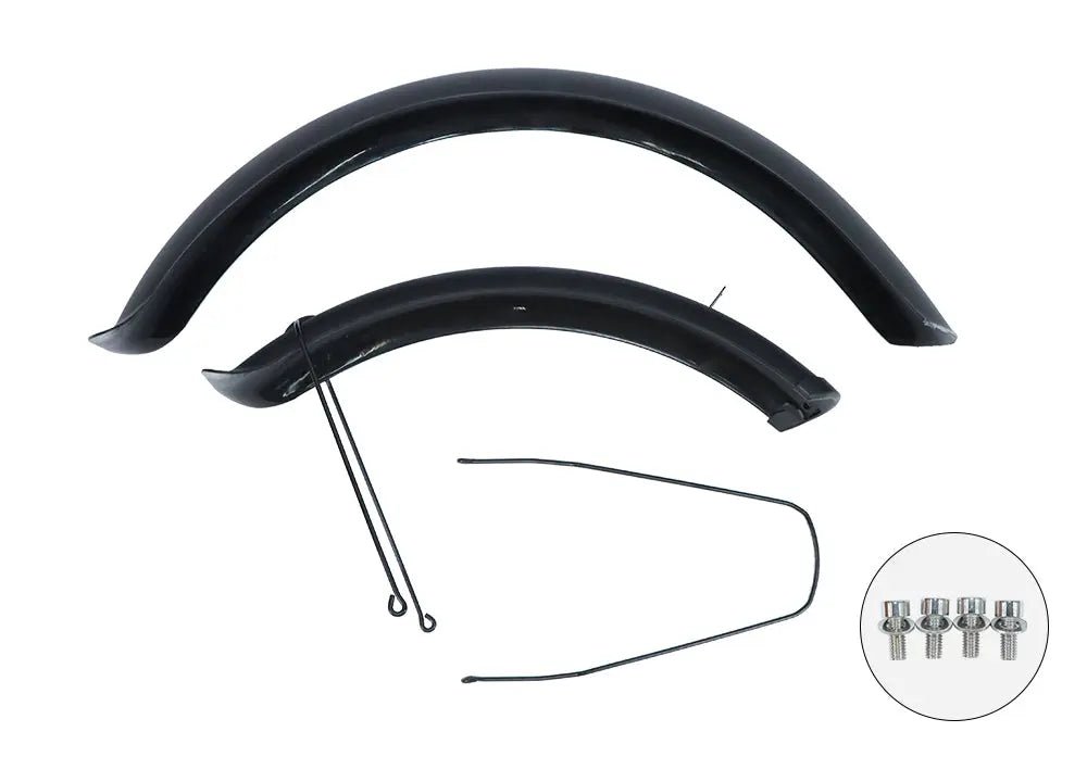 Black e-bike fenders with mounting rods and hardware for electric bike splash protection