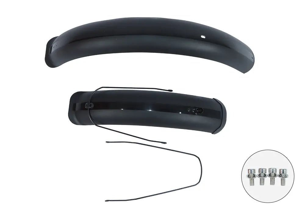 Black e-bike fender kit with front and rear mudguards, mounting stays and screws