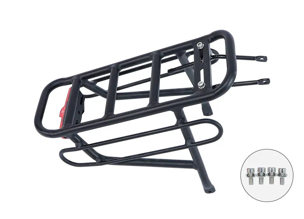 Black aluminum alloy e-bike rear rack with mounting hardware